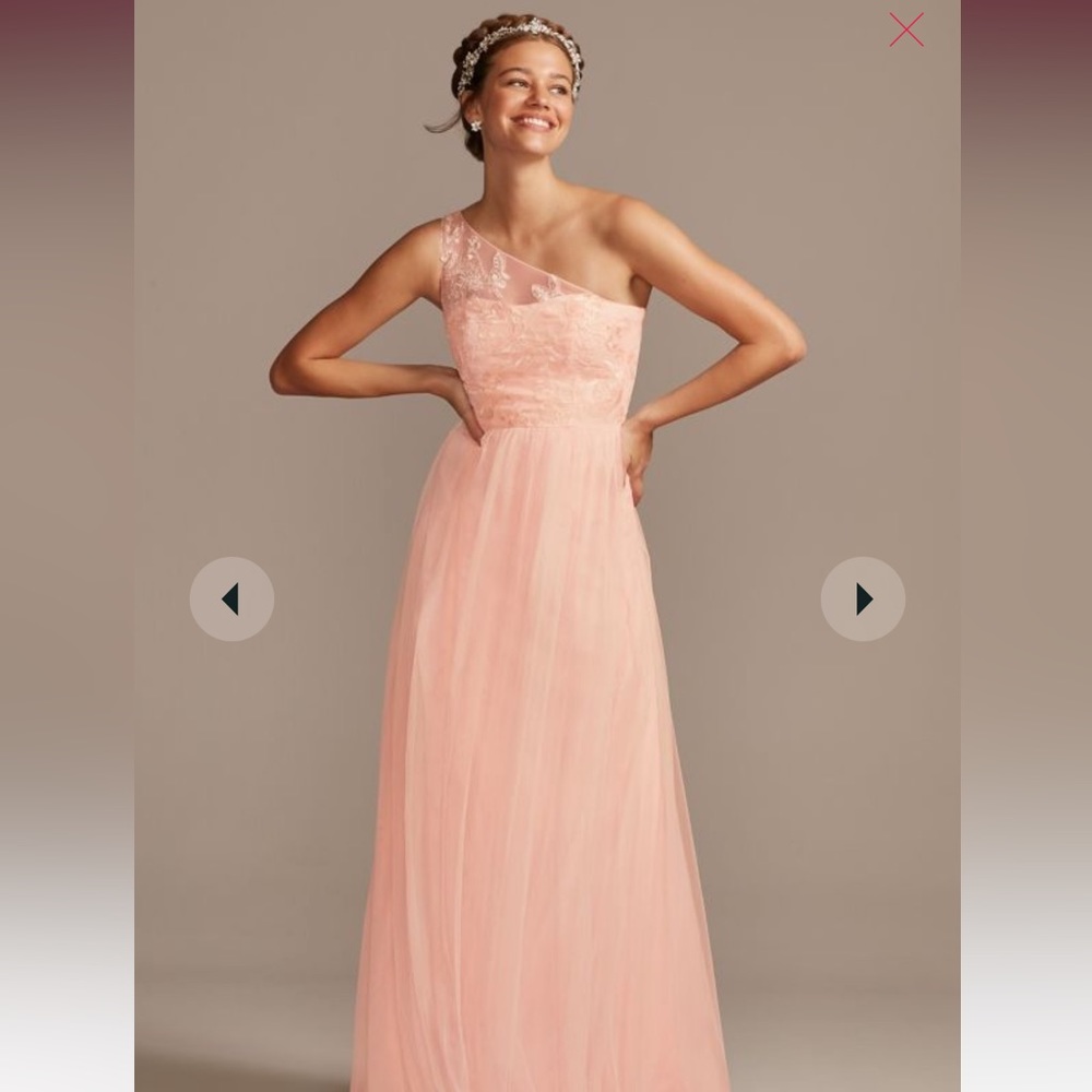one-shoulder embroidered soft net bridesmaid dress